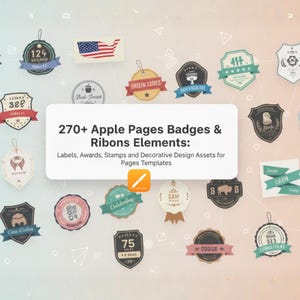 Könnte beinhalten: Eine Sammlung von Abzeichen und Bändern mit verschiedenen Designs und Farben. Das Bild enthält Abzeichen mit Text wie "124", "417" und "75". Der zentrale Text lautet "270+ Apple Pages Badges & Ribons Elements".