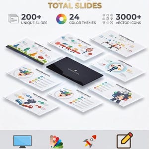 10000+ diapositivas PowerPoint Bundle – 200+ layouts animados únicos, 24 plantillas de temas de color, 3,000+ iconos