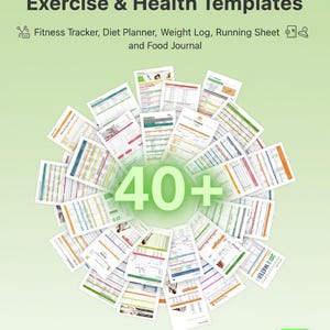 Könnte beinhalten: Eine Sammlung farbenfroher Apple Numbers Übungs- und Gesundheitsvorlagen, darunter Fitnesstracker, Diätplaner und Gewichtsprotokolle. Das Bild zeigt den Text "40+" in großen grünen Buchstaben mit zusätzlichem Text.