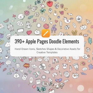 Könnte beinhalten: Ein Bild mit 390+ handgezeichneten Doodle-Elementen für Apple Pages, darunter Icons, Skizzen, Formen und dekorative Assets. Das Bild zeigt verschiedene skurrile Illustrationen wie Herzen, Sterne und Lebensmittel, angeordnet auf einem farbenfrohen Farbverlaufshintergrund.
