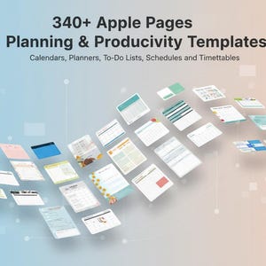 May include: Image featuring a collection of over 340 Apple Pages planning and productivity templates. The templates include calendars, planners, to-do lists, schedules, and timetables. The text is displayed on a gradient background with a pen icon.