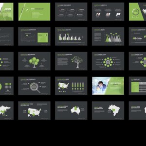 These preview images display slide examples from the 7,800+ Company Profile PowerPoint Template. Features creative charts, infographics, timelines, and portfolio layouts in green and white tones. Fully editable for business, marketing, and pitch presentations in PowerPoint and compatible software.