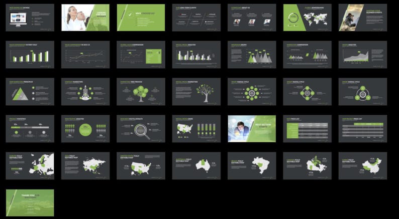 These preview images display slide examples from the 7,800+ Company Profile PowerPoint Template. Features creative charts, infographics, timelines, and portfolio layouts in green and white tones. Fully editable for business, marketing, and pitch presentations in PowerPoint and compatible software.
