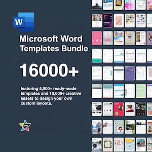 May include: A dark blue graphic promoting a Microsoft Word Templates Bundle. The image features the Microsoft Word logo, the text "Microsoft Word Templates Bundle 16000+", and a variety of template examples. The text also mentions 5,000+ ready-made templates and 10,000+ creative assets.