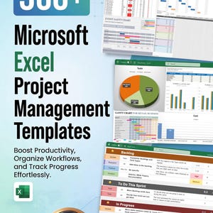 May include: A promotional image for Microsoft Excel project management templates. The image features the text "360+ Microsoft Excel Project Management Templates" and "Boost Productivity, Organize Workflows, and Track Progress Effortlessly." Several Excel spreadsheets are displayed.