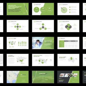 These preview images display slide examples from the 7,800+ Company Profile PowerPoint Template. Features creative charts, infographics, timelines, and portfolio layouts in green and white tones. Fully editable for business, marketing, and pitch presentations in PowerPoint and compatible software.