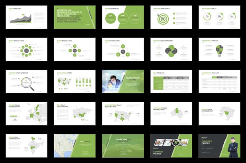 These preview images display slide examples from the 7,800+ Company Profile PowerPoint Template. Features creative charts, infographics, timelines, and portfolio layouts in green and white tones. Fully editable for business, marketing, and pitch presentations in PowerPoint and compatible software.
