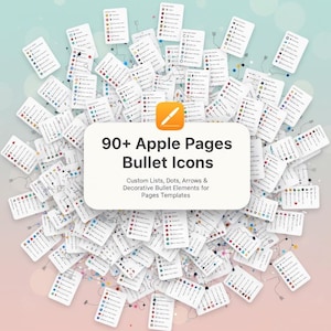 Puede incluir: Una imagen que muestra una colección de tarjetas blancas con varios iconos de viñetas, dispuestas alrededor de un cuadro de texto central. El texto dice "90+ Apple Pages Bullet Icons" y "Custom Lists, Dots, Arrows & Decorative Bullet Elements for Pages Templates."