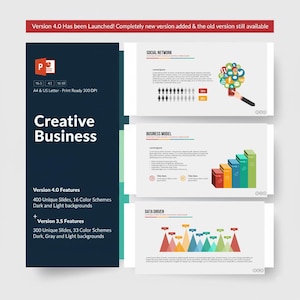 Peut inclure: Modèle de présentation "Creative Business" avec des diapositives présentant des visualisations de données et des graphiques de réseaux sociaux. Le modèle comprend les versions 4.0 et 3.5, avec des diapositives et des schémas de couleurs uniques. Le texte comprend "Version 4.0 Has been Launched!"