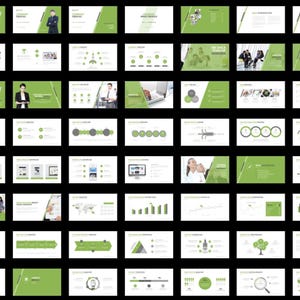 These preview images display slide examples from the 7,800+ Company Profile PowerPoint Template. Features creative charts, infographics, timelines, and portfolio layouts in green and white tones. Fully editable for business, marketing, and pitch presentations in PowerPoint and compatible software.