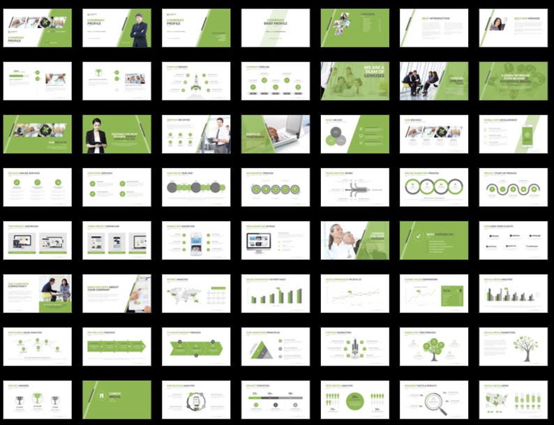 These preview images display slide examples from the 7,800+ Company Profile PowerPoint Template. Features creative charts, infographics, timelines, and portfolio layouts in green and white tones. Fully editable for business, marketing, and pitch presentations in PowerPoint and compatible software.