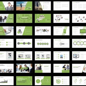 These preview images display slide examples from the 7,800+ Company Profile PowerPoint Template. Features creative charts, infographics, timelines, and portfolio layouts in green and white tones. Fully editable for business, marketing, and pitch presentations in PowerPoint and compatible software.