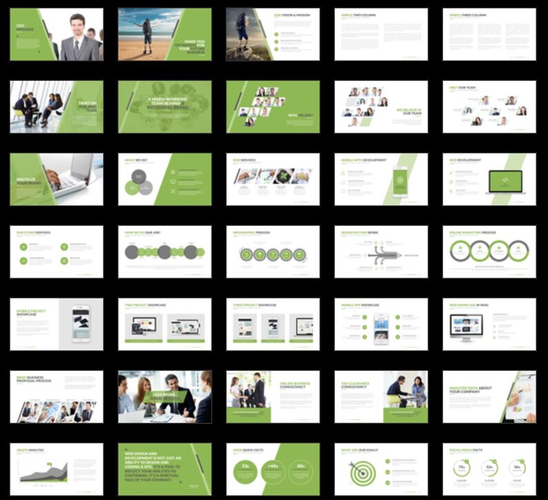 These preview images display slide examples from the 7,800+ Company Profile PowerPoint Template. Features creative charts, infographics, timelines, and portfolio layouts in green and white tones. Fully editable for business, marketing, and pitch presentations in PowerPoint and compatible software.