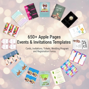 May include: A collection of invitation and event templates for Apple Pages. The image displays various cards, tickets, and forms, including birthday party invitations and wedding programs. The text reads "650+ Apple Pages Events & Invitations Templates."