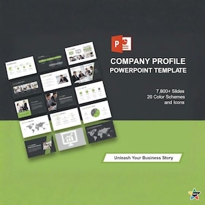 Op de afbeelding: Een PowerPoint-sjabloon voor een bedrijfsprofiel, met een donkergrijze en groene achtergrond. De afbeelding toont verschillende dia-indelingen, waaronder grafieken, wereldkaarten en foto's van bedrijfsteams. Tekst bevat "7.800+ dia's" en "20 kleurenschema's en pictogrammen."
