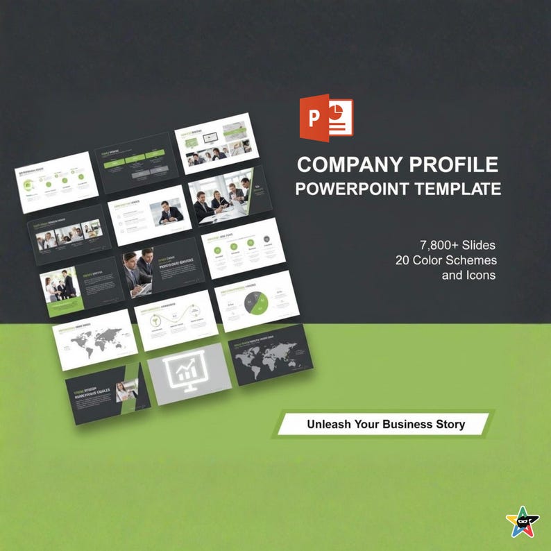 This image highlights the Company Profile PowerPoint Template featuring over 7,800 editable slides in 20 color schemes. Includes infographics, charts, maps, and business layouts for modern presentations. Perfect for startups, corporate teams, and entrepreneurs to showcase company overviews, strategies, and services professionally.