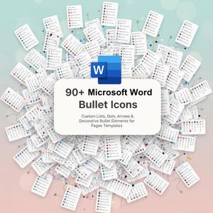 Può includere: Un'immagine che mostra una raccolta di icone di elenchi puntati di Microsoft Word. L'immagine presenta un gran numero di piccole schede rettangolari con vari disegni di elenchi puntati. Il testo sull'immagine recita "90+ Microsoft Word Bullet Icons" e "Custom Lists, Dots, Arrows & Decorative Bullet Elements for Pages Templates."