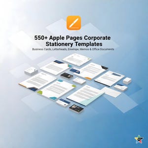 Może przedstawiać: Obraz przedstawiający szablony papeterii korporacyjnej dla Apple Pages. Projekt obejmuje wizytówki, nagłówki, koperty, notatki i dokumenty biurowe. Tekst brzmi "550+ Apple Pages Corporate Stationery Templates."