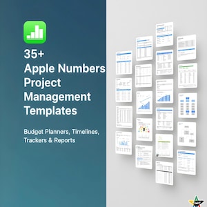 May include: A teal background with the Apple Numbers app icon and text: "35+ Apple Numbers Project Management Templates." The image displays multiple white document templates with charts and data, labeled "Budget Planners, Timelines, Trackers & Reports."