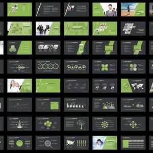 These preview images display slide examples from the 7,800+ Company Profile PowerPoint Template. Features creative charts, infographics, timelines, and portfolio layouts in green and white tones. Fully editable for business, marketing, and pitch presentations in PowerPoint and compatible software.