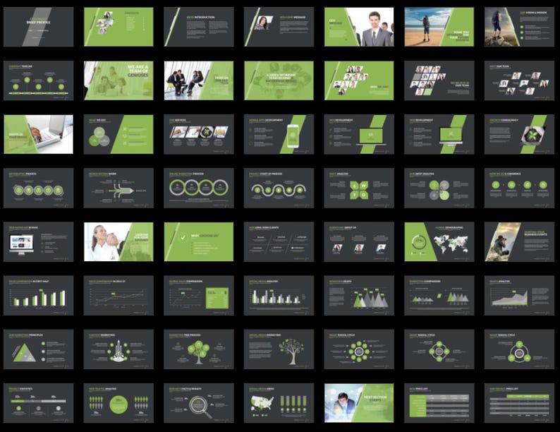 These preview images display slide examples from the 7,800+ Company Profile PowerPoint Template. Features creative charts, infographics, timelines, and portfolio layouts in green and white tones. Fully editable for business, marketing, and pitch presentations in PowerPoint and compatible software.