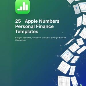 Pode incluir: Gráfico digital com fundo gradiente verde e azul. A imagem apresenta o texto "25 Modelos de Finanças Pessoais Apple Numbers" e "Planejadores de orçamento, rastreadores de despesas, calculadoras de poupança e empréstimos". Vários documentos digitais espalhados.