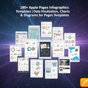 May include: A collection of Apple iPads displaying infographics, charts, and diagrams. The tablets showcase data visualization templates with a variety of colorful graphs and illustrations. Text at the top reads "180+ Apple Pages Infographics Templates".