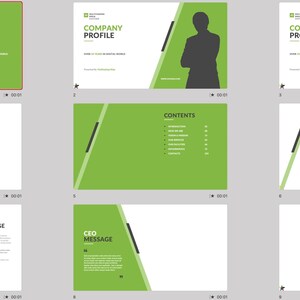 These preview images display slide examples from the 7,800+ Company Profile PowerPoint Template. Features creative charts, infographics, timelines, and portfolio layouts in green and white tones. Fully editable for business, marketing, and pitch presentations in PowerPoint and compatible software.