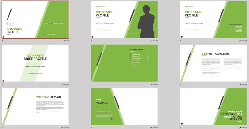 These preview images display slide examples from the 7,800+ Company Profile PowerPoint Template. Features creative charts, infographics, timelines, and portfolio layouts in green and white tones. Fully editable for business, marketing, and pitch presentations in PowerPoint and compatible software.