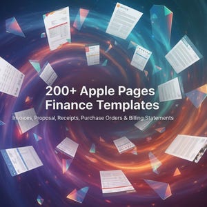 May include: An image featuring floating documents and geometric shapes against a swirling, colorful background. Text reads "200+ Apple Pages Finance Templates" with subtext listing document types. An Apple Pages icon is in the lower right.