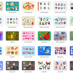 May include: A collection of illustrated icons and graphics, including avatars, seasonal themes, and business concepts. The images are arranged in a grid, showcasing diverse topics such as autumn, school, and celebrations.