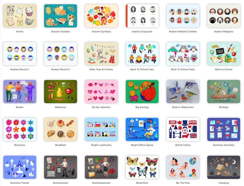 May include: A collection of illustrated icons and graphics, including avatars, seasonal themes, and business concepts. The images are arranged in a grid, showcasing diverse topics such as autumn, school, and celebrations.
