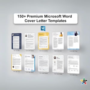Puede incluir: Una colección de plantillas de cartas de presentación para Microsoft Word. La imagen muestra varios diseños sobre un fondo gris claro. El texto "150+ Premium Microsoft Word Cover Letter Templates" se muestra en la parte superior.