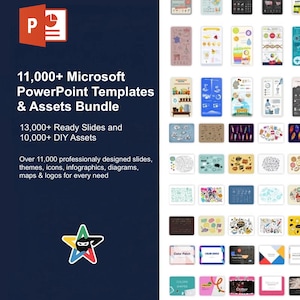 May include: A dark blue graphic with the text "11,000+ Microsoft PowerPoint Templates & Assets Bundle". The image features a collection of colorful PowerPoint templates, icons, and diagrams for various needs.