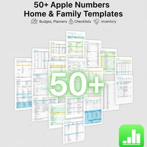 Könnte beinhalten: Sammlung digitaler Vorlagen für Apple Numbers mit dem Text "50+ Apple Numbers Home & Family Templates". Die Vorlagen umfassen Budgets, Planer, Checklisten und Inventarlisten. Ein grünes App-Symbol befindet sich unten rechts.