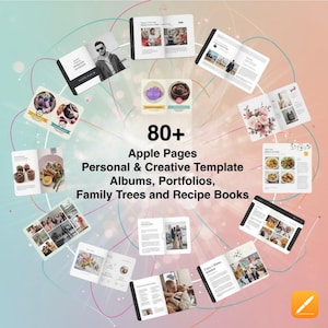 以下が含まれることがあります： アルバム、ポートフォリオ、家系図、レシピ本用のさまざまなApple Pagesテンプレートを紹介するプロモーション画像。写真とテキストが掲載された開いた本が、カラフルな抽象的なデザインで囲まれています。テキストには「80+ Apple Pages」と書かれています。