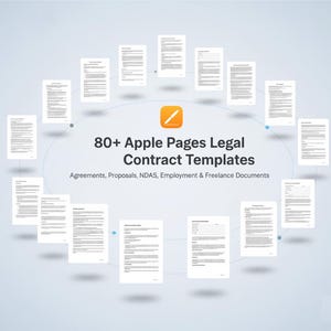 May include: Image of legal contract templates for Apple Pages. The text reads "80+ Apple Pages Legal Contract Templates" with subheadings for agreements, proposals, NDAs, employment, and freelance documents. The design features floating documents.