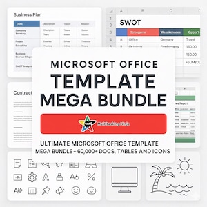 Op de afbeelding: Een digitale productbundel met de tekst "MICROSOFT OFFICE TEMPLATE MEGA BUNDLE" en "ULTIMATE MICROSOFT OFFICE TEMPLATE MEGA BUNDLE - 60.000+ DOCS, TABELLEN EN ICONEN". De afbeelding bevat pictogrammen, grafieken en een logo.