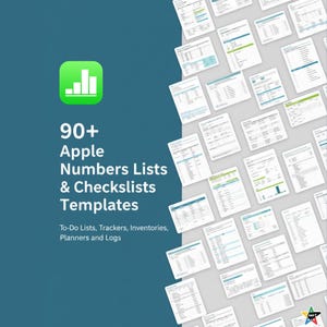 以下が含まれることがあります： 緑色のAppleアイコンと「90+ Apple Numbers Lists & Checklists Templates」というテキストが入ったティール色の背景。画像には、To-Doリスト、トラッカー、在庫、プランナー、ログ用のさまざまなスプレッドシートテンプレートが表示されています。