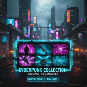 May include: A digital art bundle titled "Cyberpunk Collection" featuring six high-resolution JPEG files. The image showcases a futuristic cityscape with neon signs and a digital display with cyberpunk-themed images. The text "Digital Bundle - Buy Now!" is also visible.