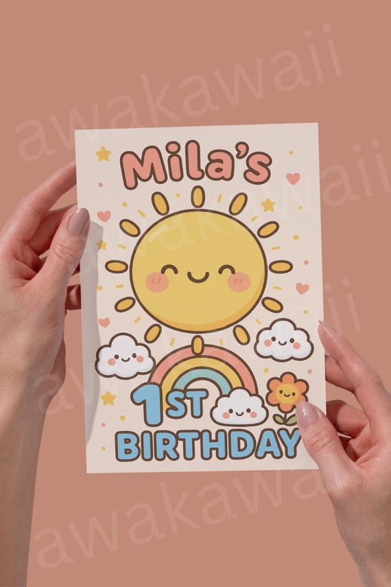 Personalized Cute Retro "Kawaii Sunshine Birthday" Invitation, Poster, Digital Print