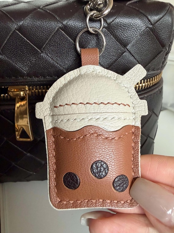 Cute BUBBLE TEA Bag Charm Accessory Tag Leather Handmade