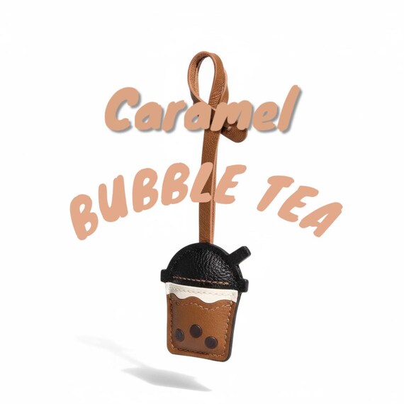 Cute Caramel BUBBLE TEA Bag Charm Accessory Tag Leather Handmade