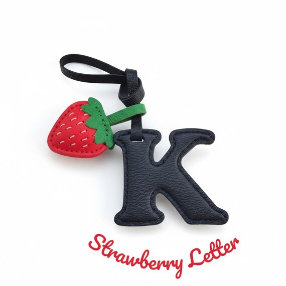 Cute Navy Big Strawberry Letter Alphabet Bag Charm Accessory Tag Leather Handmade