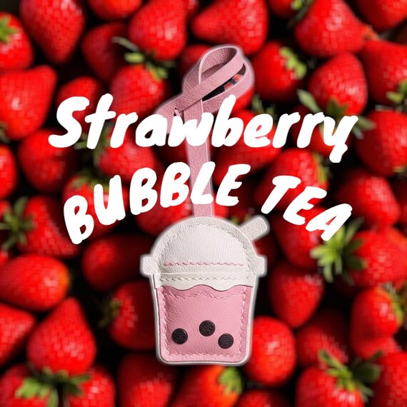 Cute Strawberry BUBBLE TEA Bag Charm Accessory Tag Leather Handmade