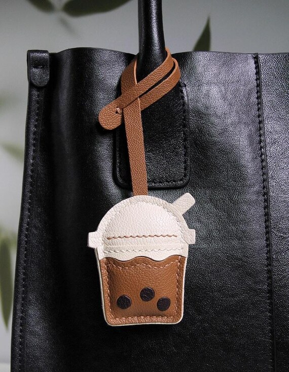 Cute BUBBLE TEA Bag Charm Accessory Tag Leather Handmade