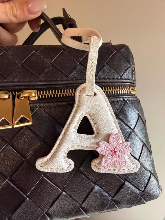 Japanese Sakura Flower Letter Alphabet Bag Charm Accessory Tag Leather Handmade