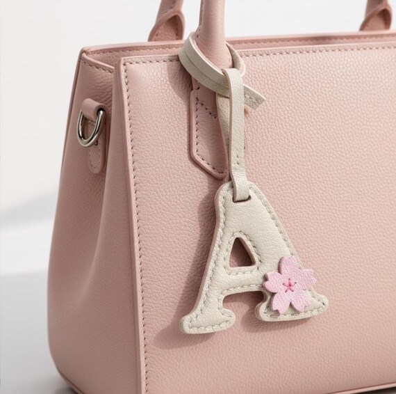 Japanese Sakura Flower Letter Alphabet Bag Charm Accessory Tag Leather Handmade