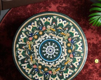 Green Marble Coffee Table with Pietra Dura Inlay: Handmade Luxury Home Decor