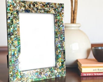 Handmade Abalone Shell Photo Frame | Iridescent Inlay, Coastal Decor